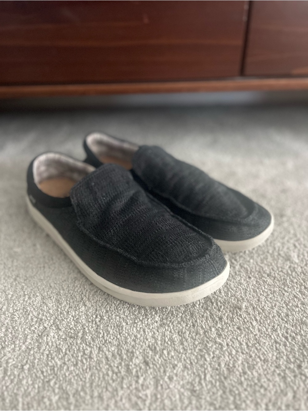 Sanuk Black Canvas Slip-On Loafers with White Sole